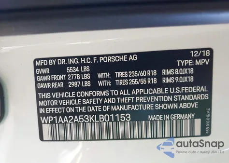 2019 Porsche Macan z USA, uszkodzony, nr VIN WP1AA2A53KLB01153